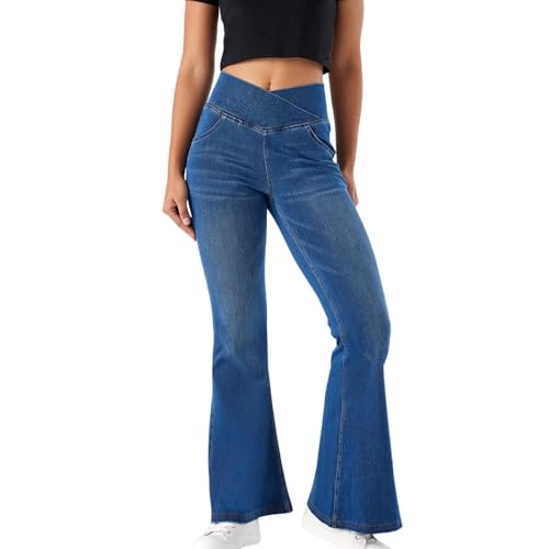 Damen Jeans Schlaghosen mit weitem Bein,Stretch Wide Leg Bequeme Ausgestellte Hosen,Hohe Taille dehnbar Lockere Denim Hose,Jeanshosen mit Gummiband (Blue, XL) von Generic