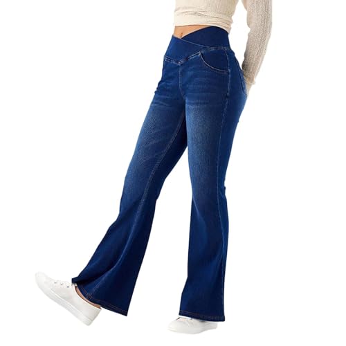 Damen Jeans Schlaghosen mit weitem Bein,Stretch Wide Leg Bequeme Ausgestellte Hosen,Hohe Taille dehnbar Lockere Denim Hose,Jeanshosen mit Gummiband (Dark Blue, XL) von Generic
