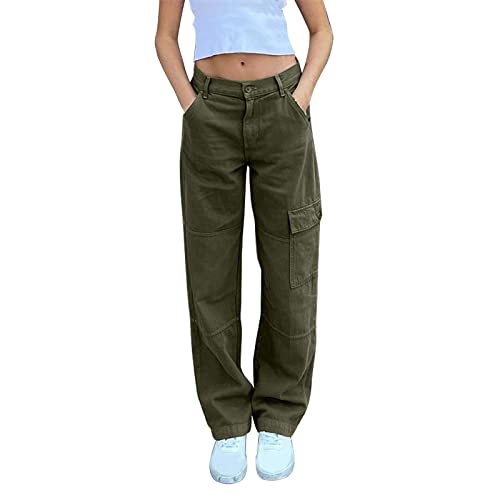 Damen Jeans Wide Leg Straight Demin Cargohose Freizeithose mit Tasche Jeans Hosen Mädchen, Grün von Generic