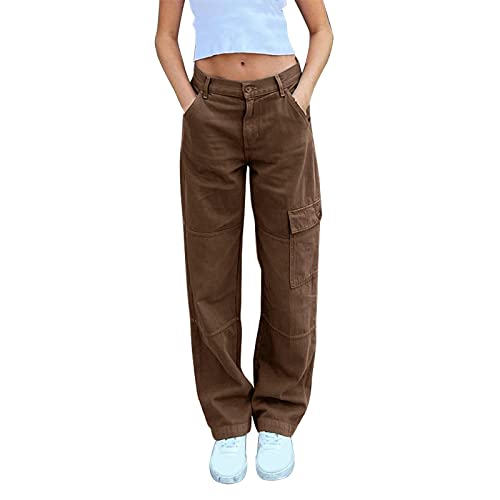 Damen Jeans Wide Leg Straight Demin Cargohose Freizeithose mit Tasche Jeans Hosen Mädchen Braun von Generic