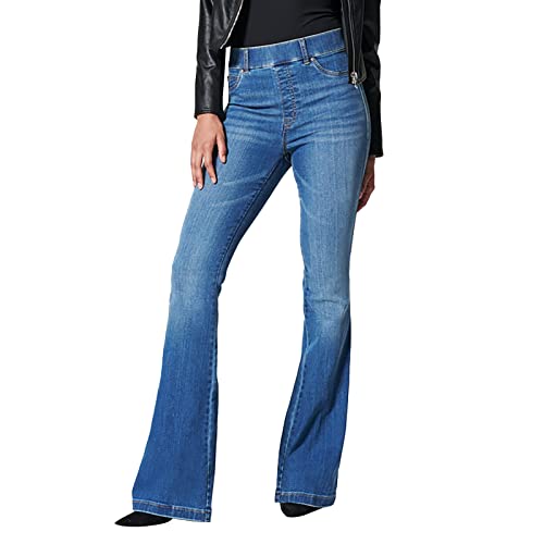 Damen Jeans breit – High Solid Pants Color Jeans Damen Tasche Denim Taille Slim Button Jeans Damen Elastische Skihose, blau, Large von Generic