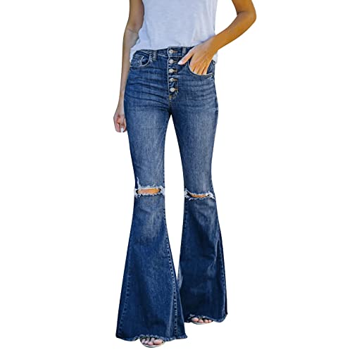 Damen-Jeans mit Glocken-Unterteil, hohe Taille, Stretch, ausgestellt, schlankmachende Glockenhose, Übergröße, Jeans, lockere Passform, modische Hose, blau, M von Generic