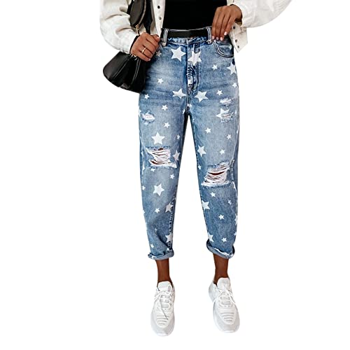 Damen-Jeans mit Sternen-Druck, hohe Taille, zerrissenes Loch, lässige Denim-Hose, Streetwear, blau, 40-42 von Generic