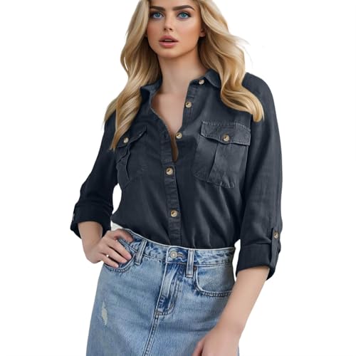 Damen Jeanshemd Button Down Jeansbluse Langarm Weich Denim Hemd Casual Jeansjacke Oberteile mit Brusttaschen von Generic