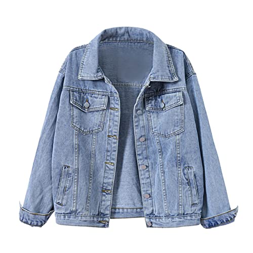 Damen Jeansjacke Lang jacke Denim Jean Mantel Casual Outwear Lange Ärmel mit Knöpfen Winter Herbst jacke Waschen mit Tasche Kurze Übergangsjacke Leichte Dunkelblau Jacke Denim für Frauen von Generic