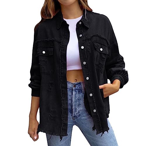 Damen Jeansjacke Oversize Boyfriend Zerrissene Denim Jacken Ripped Jeanshemd Knopfleiste Langarm Shirt Langshirt Vintage Jean Mantel Sommer Herbst Übergangsjacke von Generic