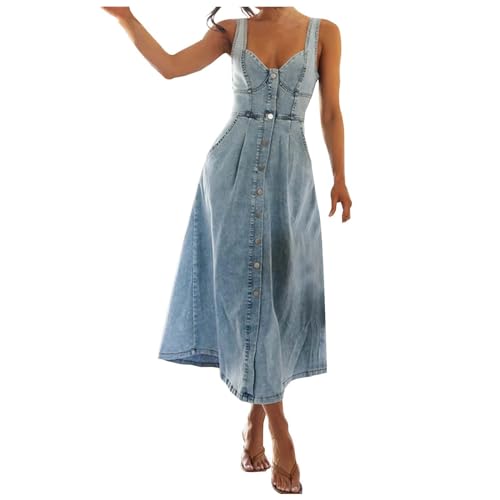 Damen Jeanskleid Träger Knielang-Sommer Latzkleid Jeans Ärmellos Lang,Jeans Trägerkleid Sommerkleid Maxi A Linien Kleid Einfarbig Freizeit Midikleid Elegant Tunika Bandeau Kleid Maxikleid Summer Dress von Generic