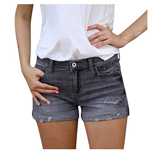 Damen Jeansshorts Sommer Kurze Hose Jeans Ripped Zerrissen Loch Hotpants Shorts Stretch Denim Bermuda Hosen High Waist Stretch Boyfriend Skinny Pants Denim-Short (Black, L) von Generic