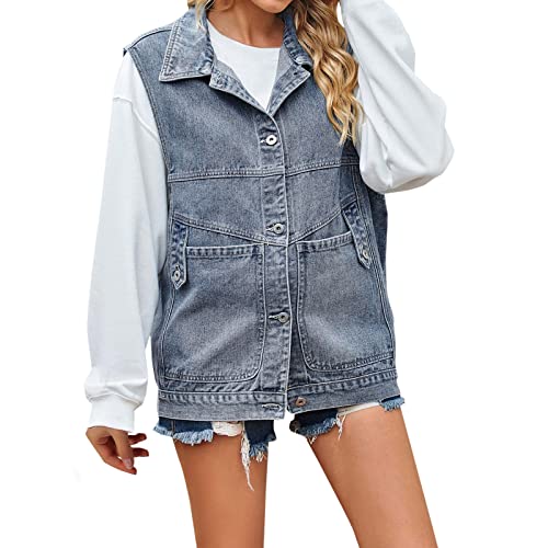 Damen Jeansweste - V-Ausschnitt Jeans Weste Oversize Vintage Jeansjacke Gewaschene Jeansjacke Lässige Jeansweste Für Damen Fashion Denim Weste Denim Weste mit Taschen von Generic