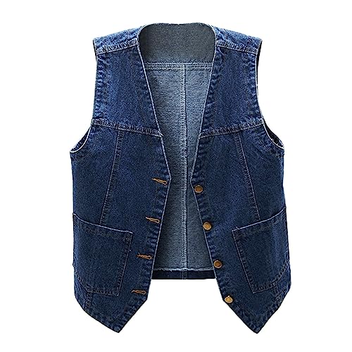 Damen Jeansweste ärmelloses Jeansjacke Herren Casual Jacke, Ärmellose, Denim Weste Top, Vintage Jeans-Jacke Slim-Fit Damen Denim Weste Stehkragen Offen Vorderseite Jeansjacke Jacke (Dark Blue, XXXL) von Generic