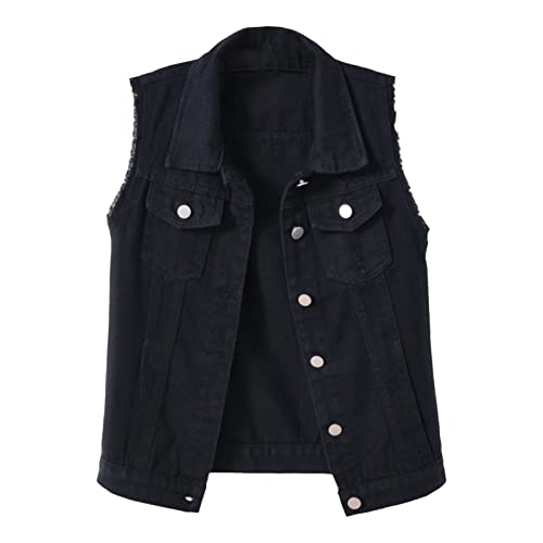 Damen Jeansweste ärmelloses Jeansjacke Kurz Knopf Zerrissene Denim Weste Mit Taschen üBergangsjacke Button Down Denim Jacked (L, Schwarz) von Generic