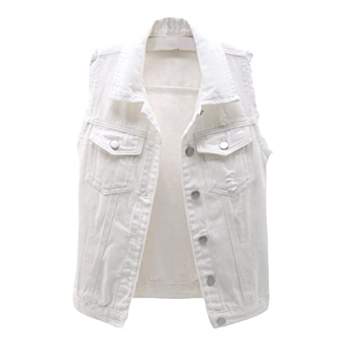 Damen Jeansweste ärmelloses Jeansjacke Kurz Knopf Zerrissene Denim Weste Mit Taschen üBergangsjacke Button Down Denim Jacked Elegant Retro Destroyed Jacked Vintage Mantel Herbst Jeansweste (XXL, Weiß) Damen Jeansweste ärmelloses Jeansjacke Kurz Knopf Zerrissene Denim Weste Mit Taschen üBergangsjacke Button Down Denim Jacked Elegant Retro Destroyed Jacked Vintage Mantel Herbst Jeansweste (XXL, Weiß) von Generic