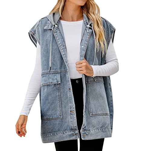 Damen Jeansweste mit Kapuze Oversized Boyfriend Denim Jeans Weste Locker Ärmellos Jeansjacke Vintage mit Taschen Hoodie Jacke Mantel mit Knopf Outwear Herbst von Generic