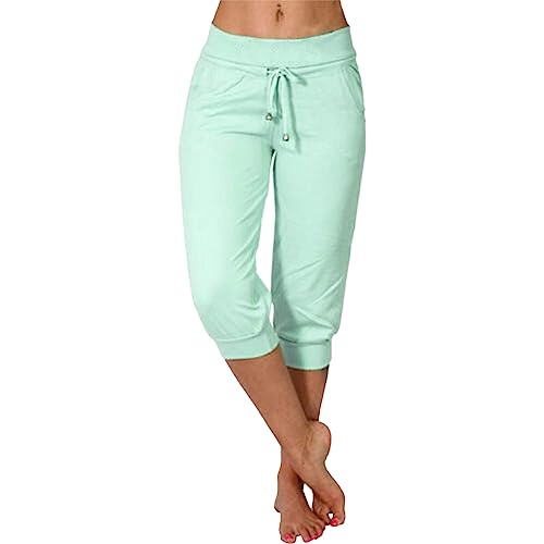 Damen Jogginghose 3/4 Sporthose Laufhose Loose Fit Sweathose Casual Capri Hose Jogginghose Damen 3/4 Sporthose Sommer Baumwolle Caprihose Sweathose Laufhose Freizeithose Sport (new1-Mint Green, L) von Generic