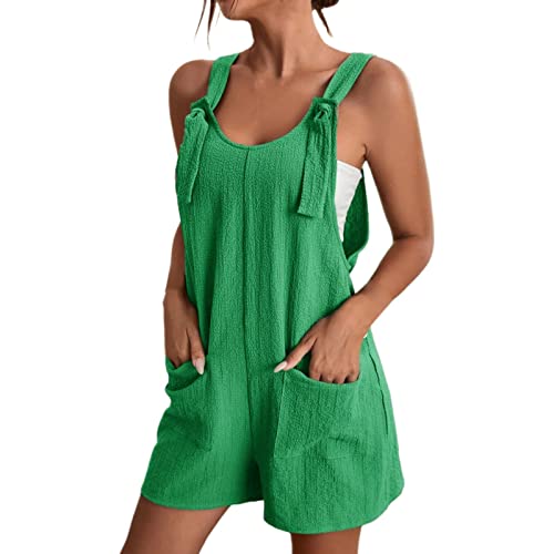 Damen Jumpsuit Shorts Bündchensaum Tasche Geknotete Schnallenriemen Solide Short Spaghetti Jumpsuit Damen Sommer Elegant Ärmellos Overall Kurze Hose Einteilige Rückenfreie Shorts von Generic