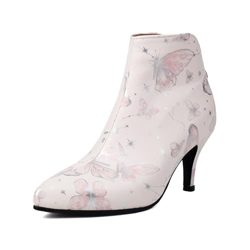 Damen Kätzchen Ferse Kurzstiefel Mit Reißverschluss Spitz Zehen Stiefeletten PU-Leder Knöchelstiefel Mit Print,Beige,44 EU von Generic
