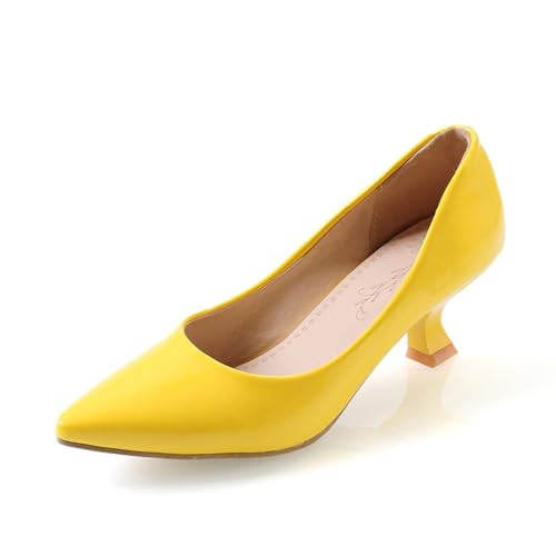 Damen Kätzchen Niedrige Absätze Spitze Geschlossene Zehe Slip On Kleid Pumps für Büro Arbeit Party Bequeme Schuhe für Frauen Alltag,Gelb,38 EU von Generic