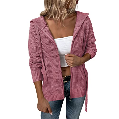 Damen Kapuzenjacke Pullover Oversized Slouchy Batwing Strickjacke Reißverschluss Leicht Baggy Niedlich Strickmantel Knopf Lange Cardigan Baggy Loose Fit Mäntel für Frauen, rose, 46 von Generic