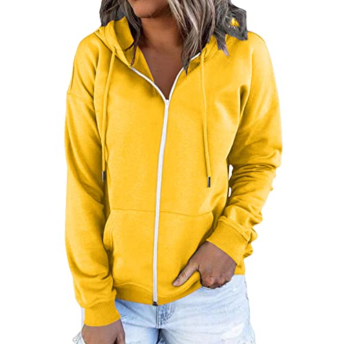 Damen Kapuzenpullover Hoodie Sweatshirt-Jacke Kapuzenjacke Langarm Pullover mit Reißverschluss und Kordelzug (Gelb, S) von Generic