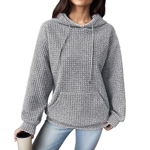 Damen Kapuzenpullover Oversize Waffel Hoodie Damen Pullover Sweatshirt mit Kapuze Taschen Kordelzug Kapuzenpulli Große Größen Strickpullover Langarmshirt Hooded Sweater Frauen Herbst Winter von Generic