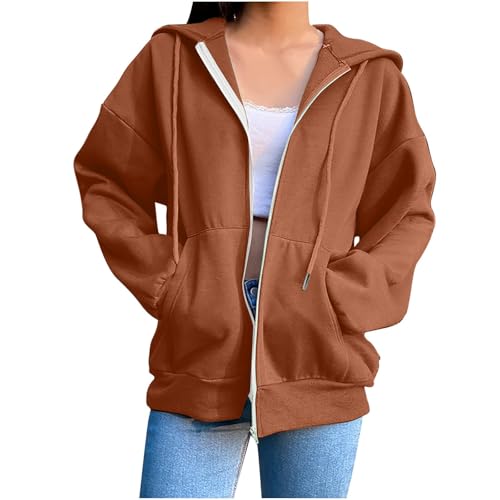 Damen Kapuzenpullover Sweatjacke Sweatshirt Solide Farben Kapuzenjacke Kapuzenpulli Langarm Sport Style Casual Basic Hoodies,Braun,M von Generic