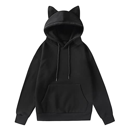 Damen-Kapuzenpullover mit Kordelzug mit Katzenohren, niedlicher Pullover, Sweatshirts, solides Fleece, einfarbig, Übergröße, modische Hoodies und Sweatshirts, Vintage-Hoodies für Teenager, von Generic