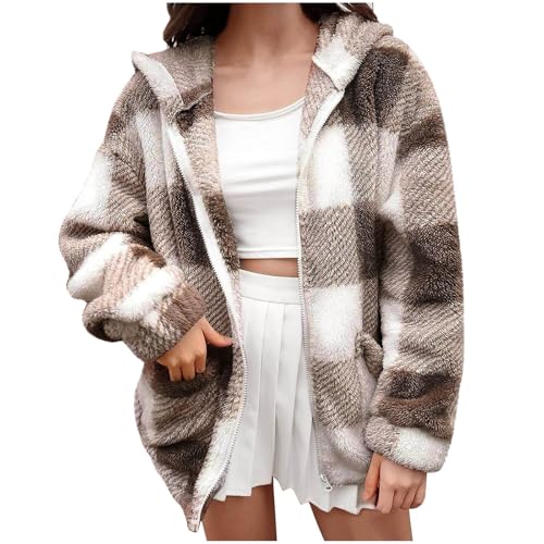 Damen Karierte Fleecejacke Knöpfen Hemdjacke Winterjacke Kuscheljacke Shacket Plüschjacke Teddyfleece Jacke Karohemd Wintermantel Langarm Übergangsjacke Mantel von Generic