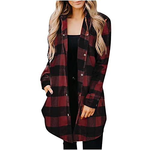 Damen Karierte Hemd Jacke Langarm Shacket Hemdjacke Karo Hemd Bluse Mantel mit Knöpfen Lang Freizeitjacke Oberteile mit Tasche Übergangsjacke Hemd Bluse Mantel Personalisierte Geschenke von Generic