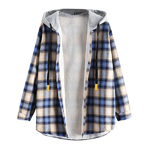 Damen Karierte Hemdjacke Filzjacke Taschen Knöpfen Übergangsjacke Karo Jacke Gefüttert Hemdbluse Herbst Winter Plüschjacke Thermohemd Mode Jeansjacke Freizeithemd (#AA-Blue, M) von Generic