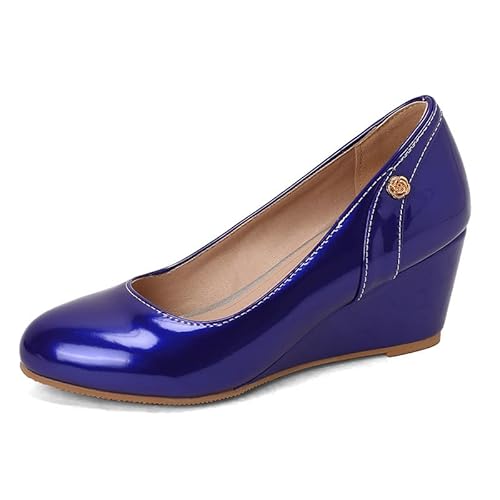 Damen Keilabsätze Einfarbig Geschlossene Runde Zehe Pumps Slip On Bequeme Trendige Modeschuhe,Blau,47 EU von Generic
