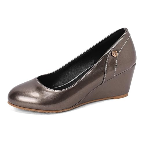 Damen Keilabsätze Einfarbig Geschlossene Runde Zehe Pumps Slip On Bequeme Trendige Modeschuhe,Gunmetal,38.5 EU von Generic