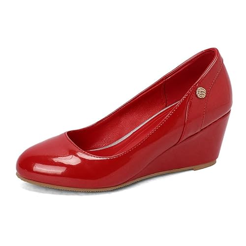 Damen Keilabsätze Einfarbig Geschlossene Runde Zehe Pumps Slip On Bequeme Trendige Modeschuhe,Rot,46 EU von Generic