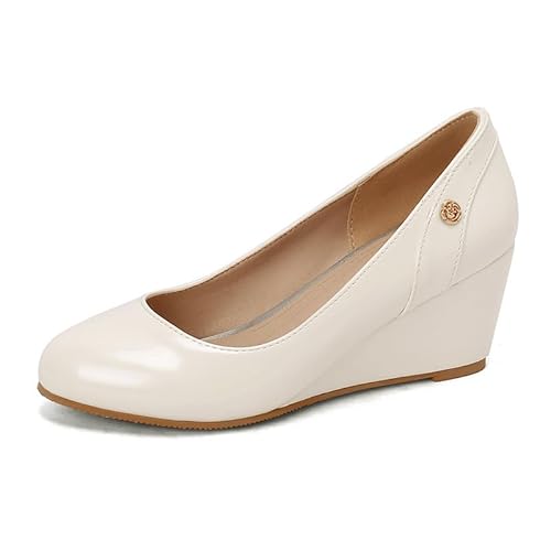 Damen Keilabsätze Einfarbig Geschlossene Runde Zehe Pumps Slip On Bequeme Trendige Modeschuhe,Weiß,38 EU von Generic