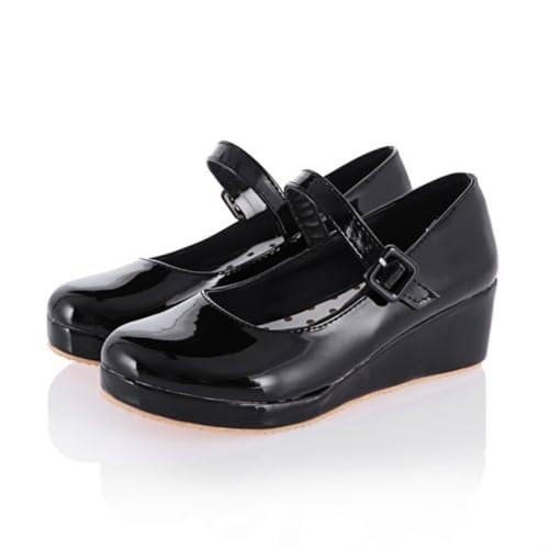 Damen Keilabsatz Plateau Pumps Runde Zehe Lackleder Mary Janes Knöchelriemen Retro Anzugschuhe Mit Schnalle,Schwarz,35 EU von smlekwc