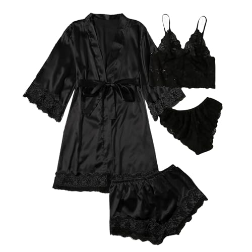 Damen Kimono Robe Kurz Satin Sexy Loungewear Morgenmantel Damen Sexy Bademantel Kurz Satin Kimono Nachthemd Negligee Lingerie Morgenmantel Robe Hausanzug Schlafanzug Dessous Wäsche Set von Generic