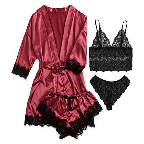 Damen Kimono Robe Kurz Satin Sexy Loungewear Morgenmantel Damen Sexy Bademantel Kurz Satin Kimono Nachthemd Negligee Lingerie Morgenmantel Robe Hausanzug Schlafanzug Dessous Wäsche Set von Generic