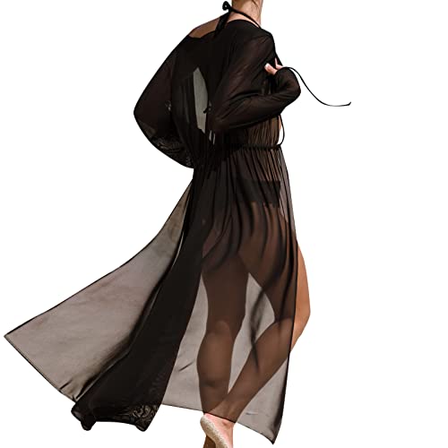 Damen Kimono Schwarz Lang Chiffon Kimono Cardigan Top Lose Schal Bikini Cover Up Strandponcho Vintage Vertuschen Bluse Elegant Durchsichtig Leichte Pareo Strandurlaub von Generic