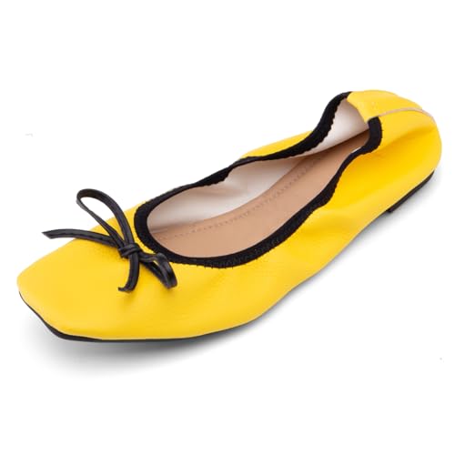 Damen Klassische Ballettflats Loafers Niedriger Absatz Quadratische Spitze Schlupfschuhe Formal Casual Pumps Stil Schuhe Für Büro Und Alltag Kunstleder Mit,Gelb,40 EU von Generic