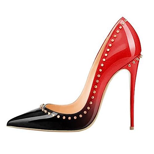 Damen Klassische High Heels Stiletto High Heels Damen Pumps Spitz Party High Heels Sexy Basic Schuhe Lackleder Niet Design,Black to red,44 von Generic