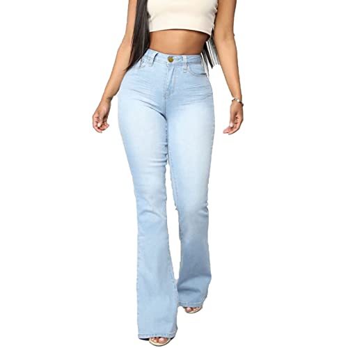 Damen Klassische High Waist Zipper Stretch Skinny Bootcut Denim Hose gewaschen Slim Flare Jeans Simple Fit Hosen (Hellblau,M) von Generic