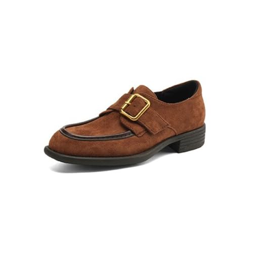 Damen Klassischer Knöchelriemen Wildleder Lofers mit Goldener Schnalle Runde Geschlossene Zehen Flache Schuhe Bequeme Niedrige Chunky Heels Lässige Büroschuhe,Braun,40 EU von Generic