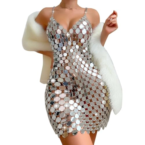Damen-Kleid, einfarbig, verstellbar, mit Pailletten, Urlaub, Party, Nachtclub Hemden Kleider Karneval von Generic