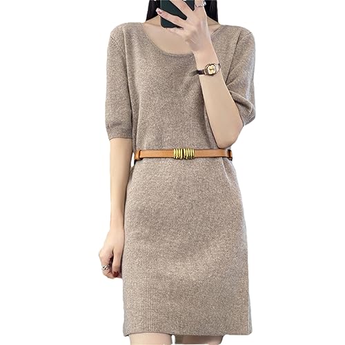 Damen Kleid Aus 100% Wolle Bequemer Kaschmir Strick Pullover Mit Kurzen Ärmeln Damen Kleiderpullover khaki9 S von Generic