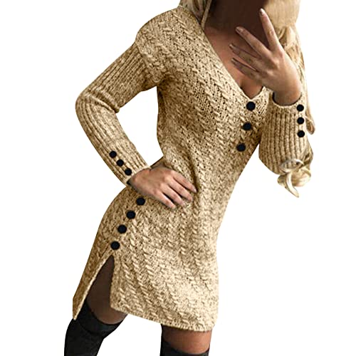 Damen Kleid Elegante Strickkleid Casual Langarm V-Ausschnitt Pullover Tunika Minikleid Wickelkleid Mit Knopf Schlitz Warme Für Herbst Winter (Beige, XXL) von Generic