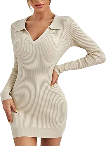 Damen Kleid Feinstrick Pullover Damen Pullover Einfacher Lang Stil Pullover Dehnbar Minikleid Strick Tops Slim Fit Pullover Kleid (Color : BEIGE, Einheitsgröße : M) von Generic