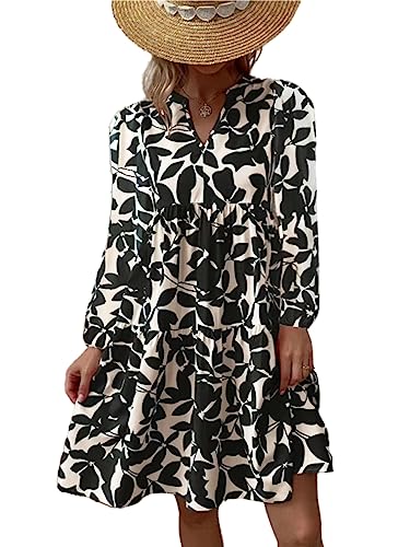 Damen Kleid Knielang Strandkleid Lange Ärmel Swing Tunika Lässiges Kleider Sommer lockeres Kleid Blumendruck V-Ausschnitt Strandkleid Minikleid Sexy Elegant Boho Frauen Blusenkleid (4XL,CX-Schwarz) von Generic