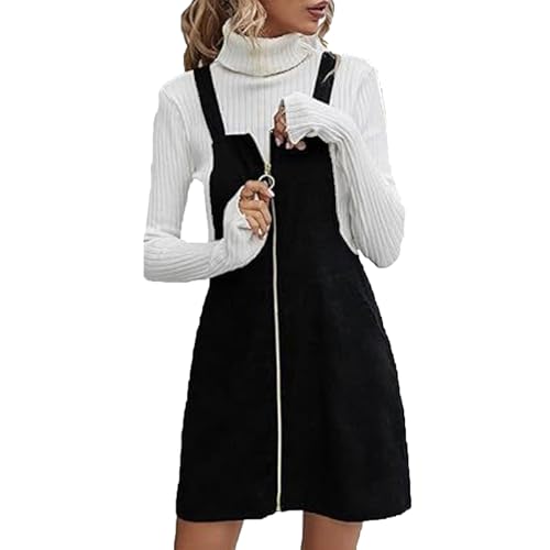 Damen Kleid Latzkleid Quadratischer Ausschnitt Cordkleid Reißverschluss Wildleder Freizeitkleider mit Taschen Mini Dress Frühling von Generic