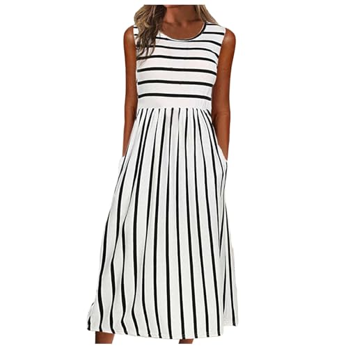 Damen Kleid M Damen Casual Dress Print Rundhals ärmelloses Taschenkleid Winter Kleid (White, XXL) von Generic