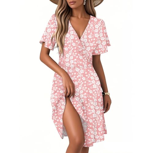 Damen Kleid Sommer, Sommerkleid Damen Lang Mädchen Knielänge Boho Freizeitkleid Tunika Hohe Taille Swing Kleid Leicht für Frauen Cocktailkleid Partykleid D Pink L von Generic