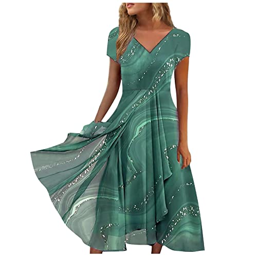 Damen Kleid Sommer Kleid Damen Sommer Knielang Hose Unter Kleid Frauen Blumendruck V-Ausschnitt Kurzarm Patchwork Swing Maxikleid Mit Falten Elegant LäSsige Tunika Langkleid Abaya Kleid von Generic
